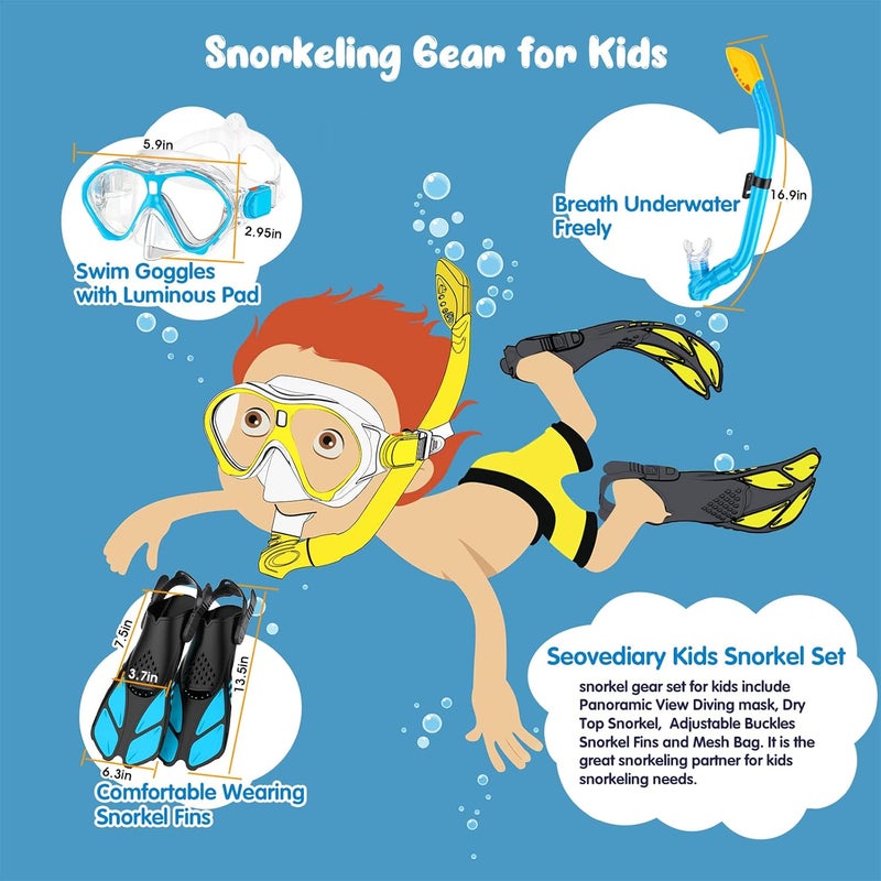 Seovediary Kids Snorkel Set, Mask Fins Snorkeling Gear for Kids Anti-Fog Swim Goggles 180 Panoramic View Dry Top Snorkel and Dive Flippers Combo with Travel Bag for Snorkeling Training Swimming Diving - Image 4